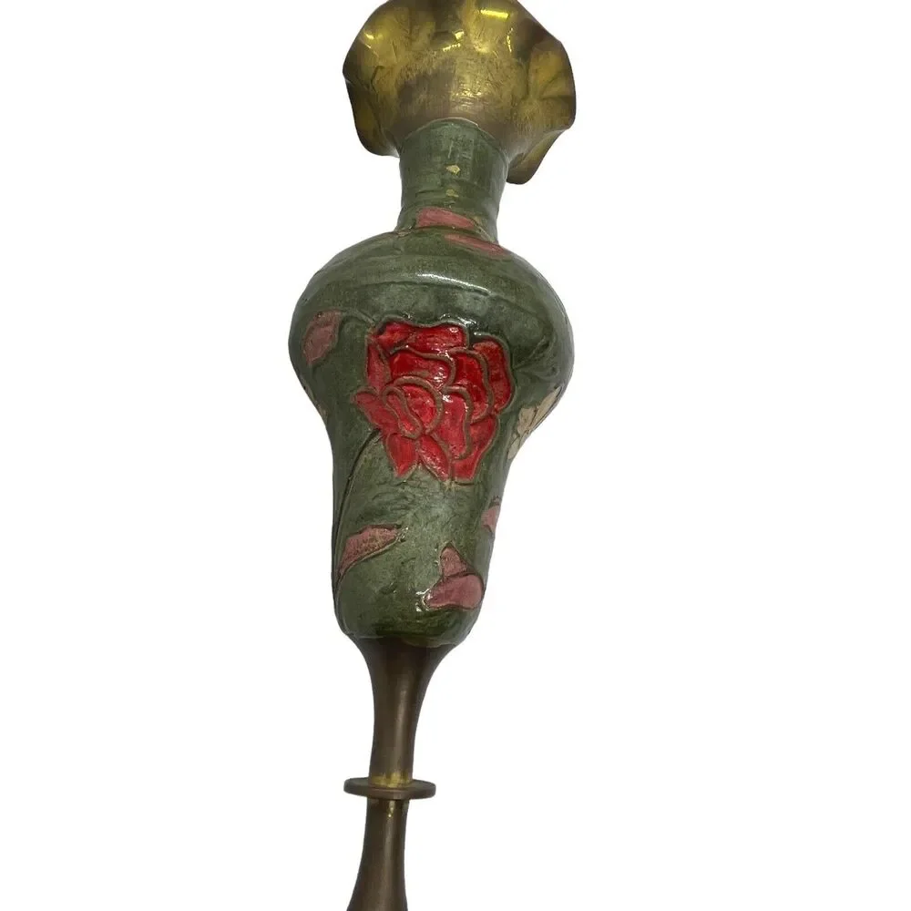 Brass Enamel Vase Footed Fluted Top Green Pink Cream Vintage MCM Retro Decor - Picture 10 of 16